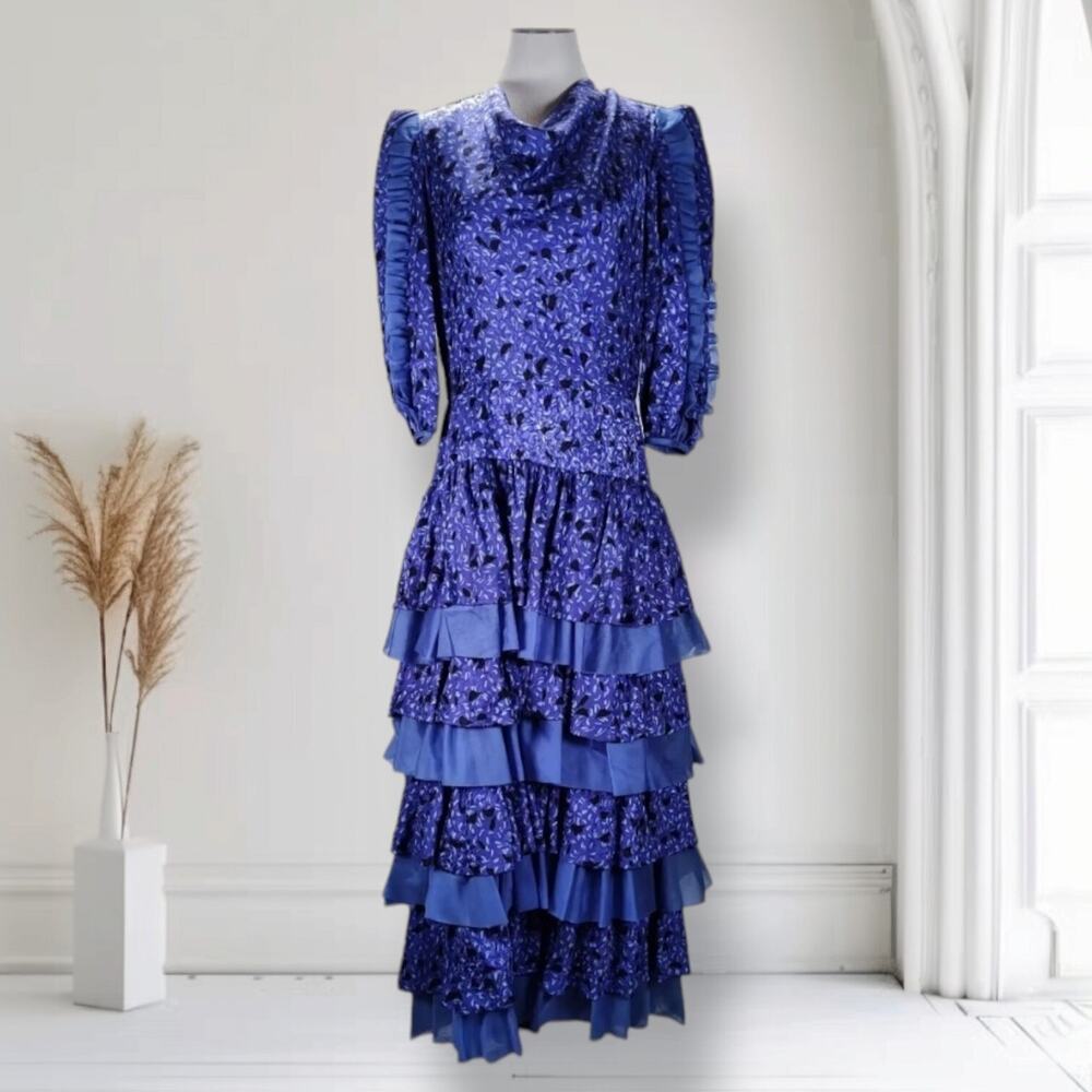 Vintage 80s Blue Ruffle Backless Prom Evening Gown Tiered Dress M
